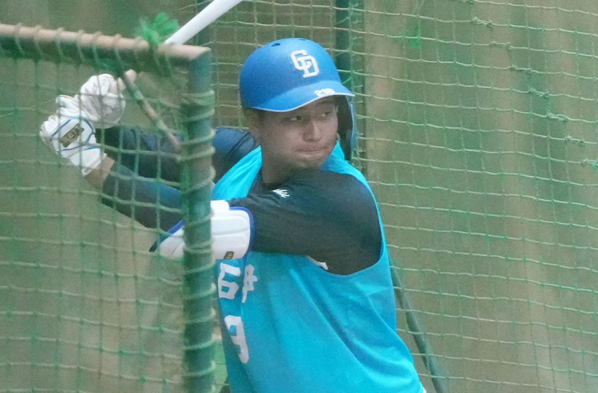 フリー打撃練習をする石伊（左）（撮影・森本幸一）