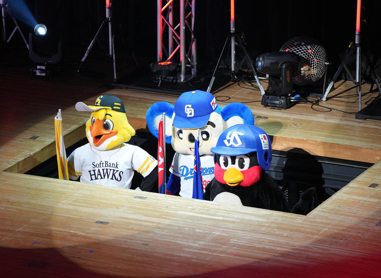 ステージに登場する（左から）ハリーホーク、ドアラ、つば九郎（撮影・森本幸一）
