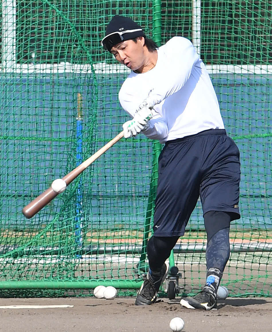 フリー打撃を行うソフトバンク佐藤直（撮影・岩下翔太）