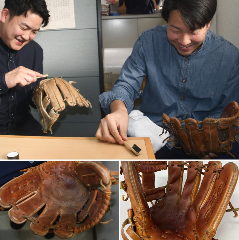 大稀さん（上の写真右）も加わって、少し汚れたブラウンのローリングス（左下の写真）を磨き終えると、捕球面がピカピカになった