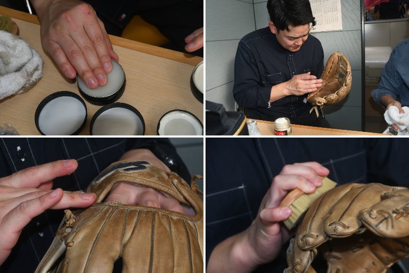 (3)保湿と（4）保革の作業。（写真左上から時計回りに）保湿用のクリーム、保革用のオイル、ワックスはごく少量を指やスポンジで伸ばし、革に成分を押し込むイメージで硬めのブラシをかける。保湿はBバンド部分のへり革やひもにも忘れずに
