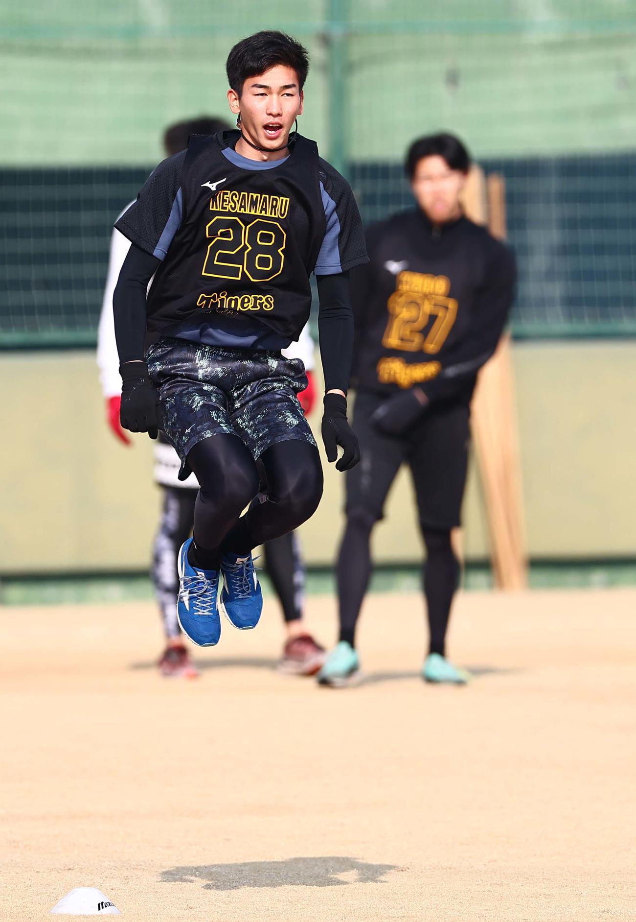 ジャンプする今朝丸（撮影・上田博志）