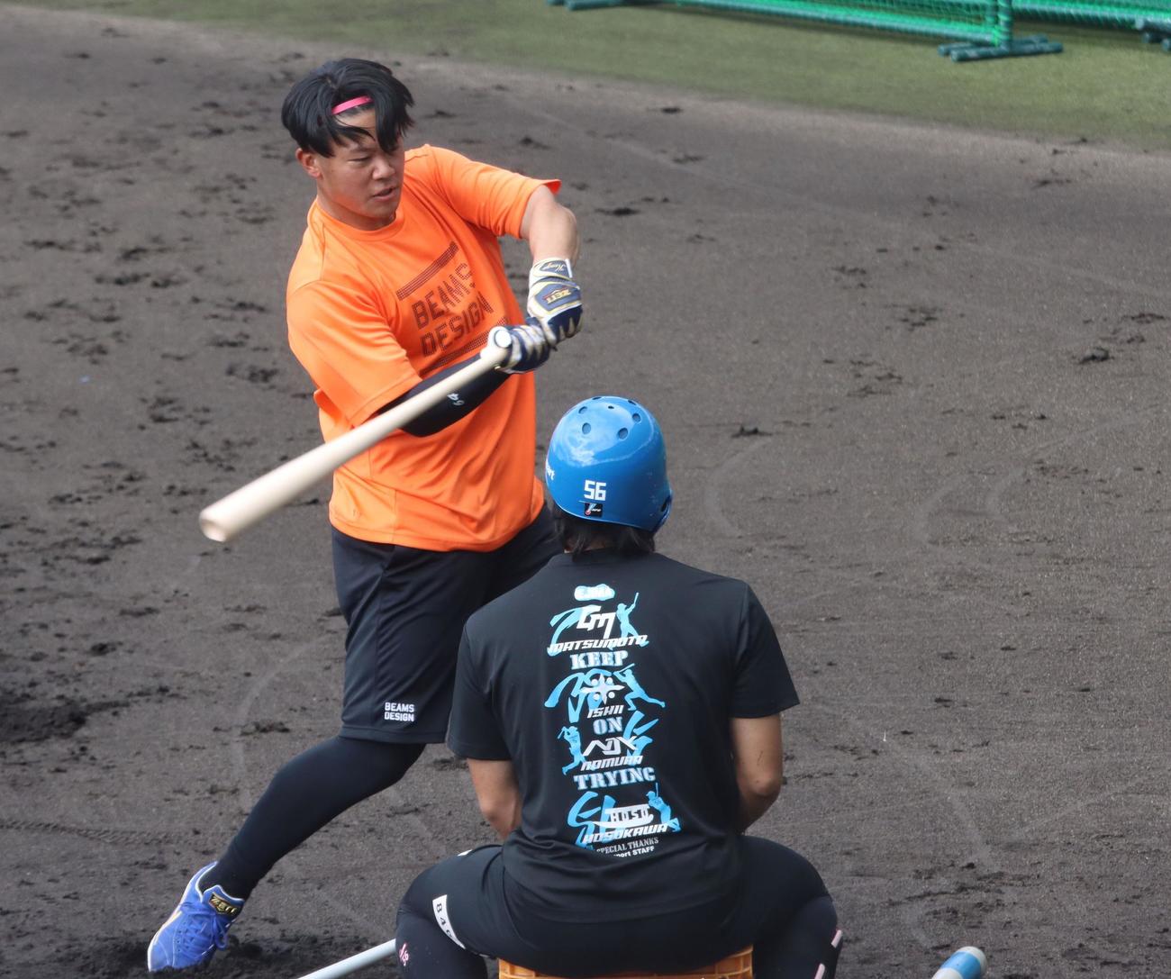 先乗り自主トレで打撃練習に励む日本ハム吉田（撮影・永野高輔）
