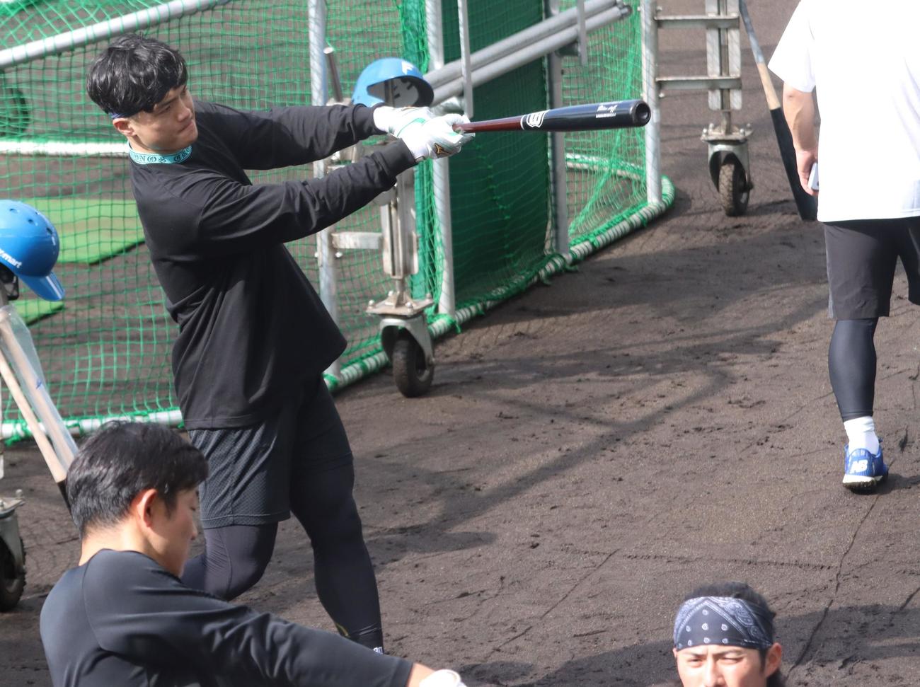 先乗り自主トレでスイングの感覚を確かめる日本ハム郡司（撮影・永野高輔）