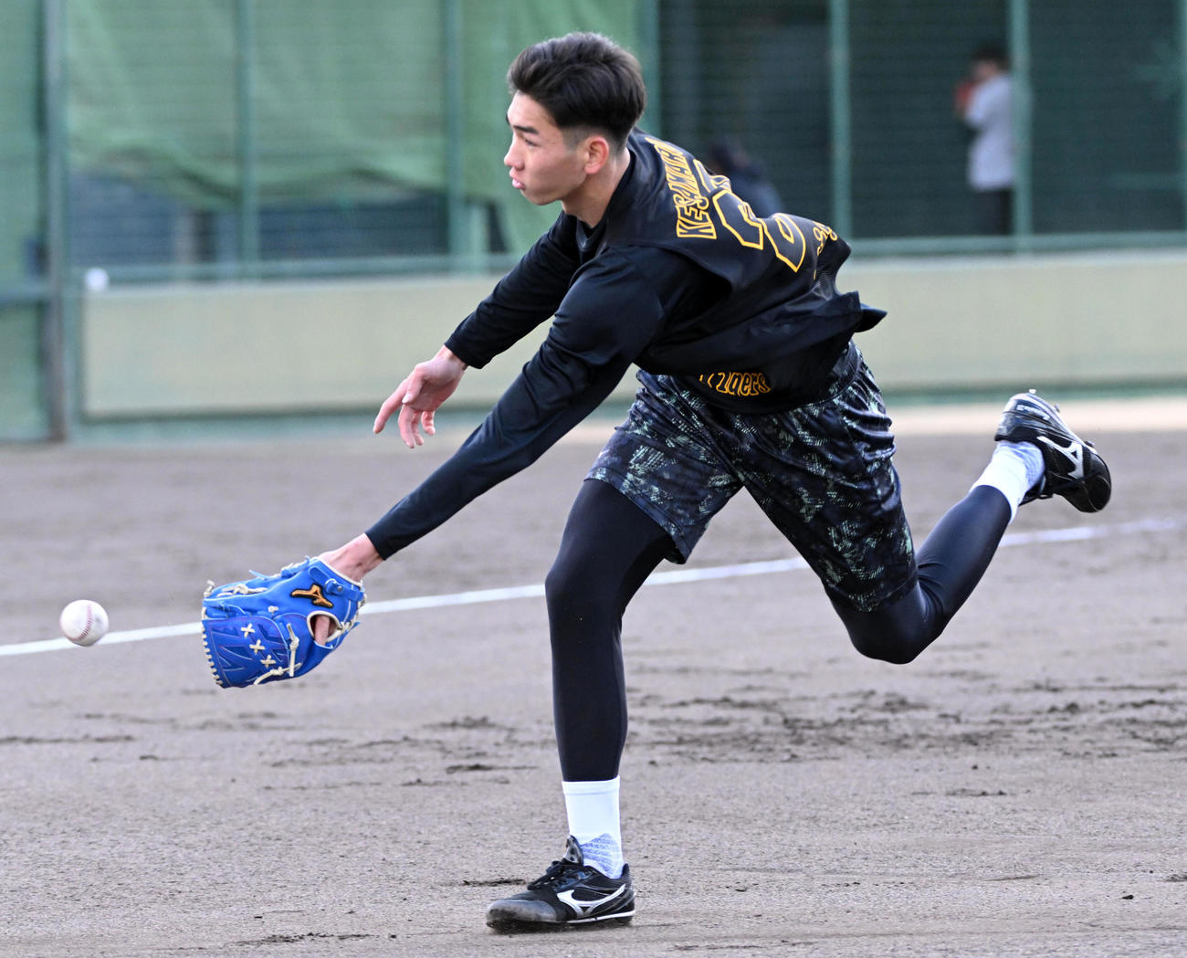 ノックを受ける阪神今朝丸（撮影・前岡正明）