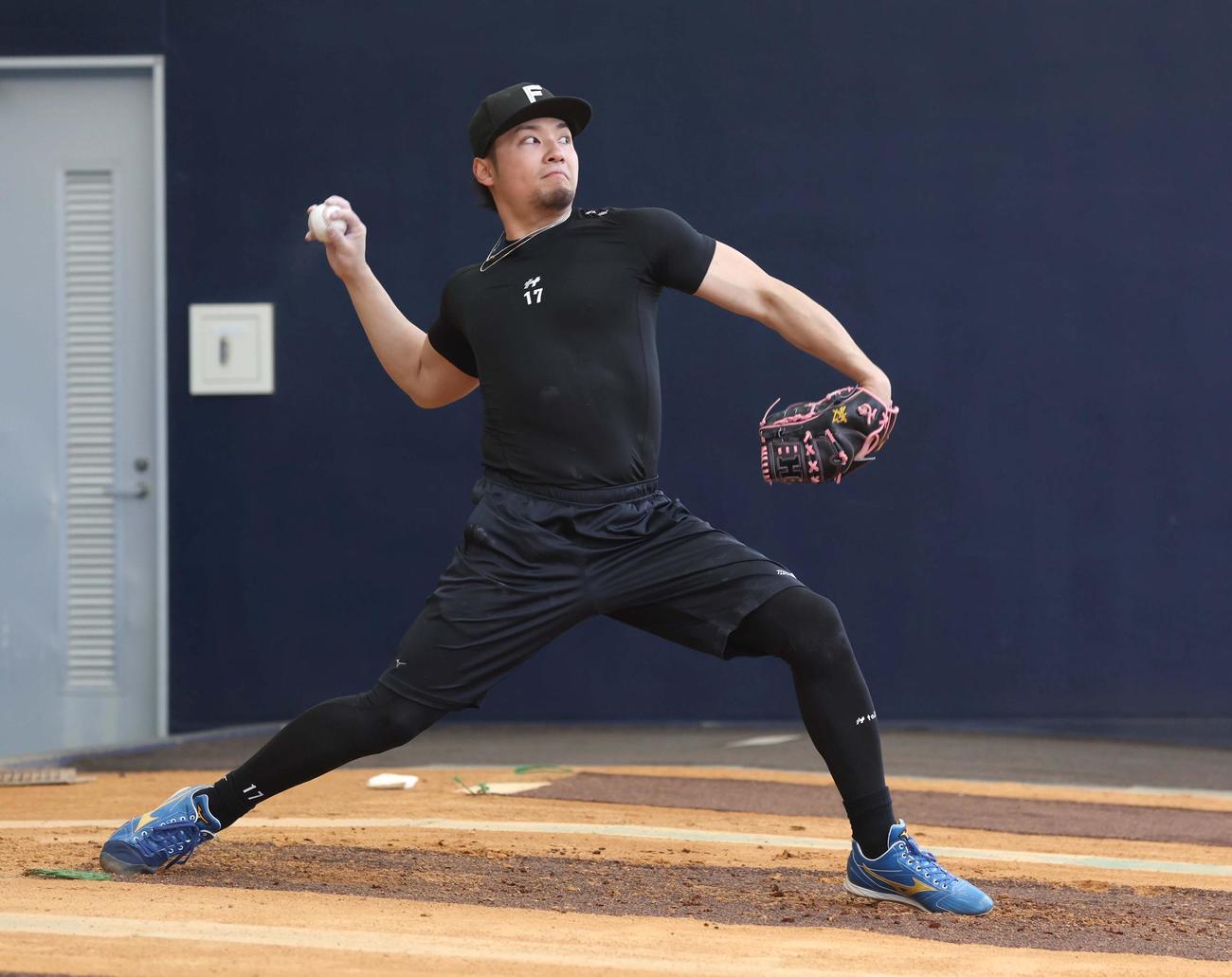 ブルペンで投球する日本ハム伊藤（撮影・黒川智章）