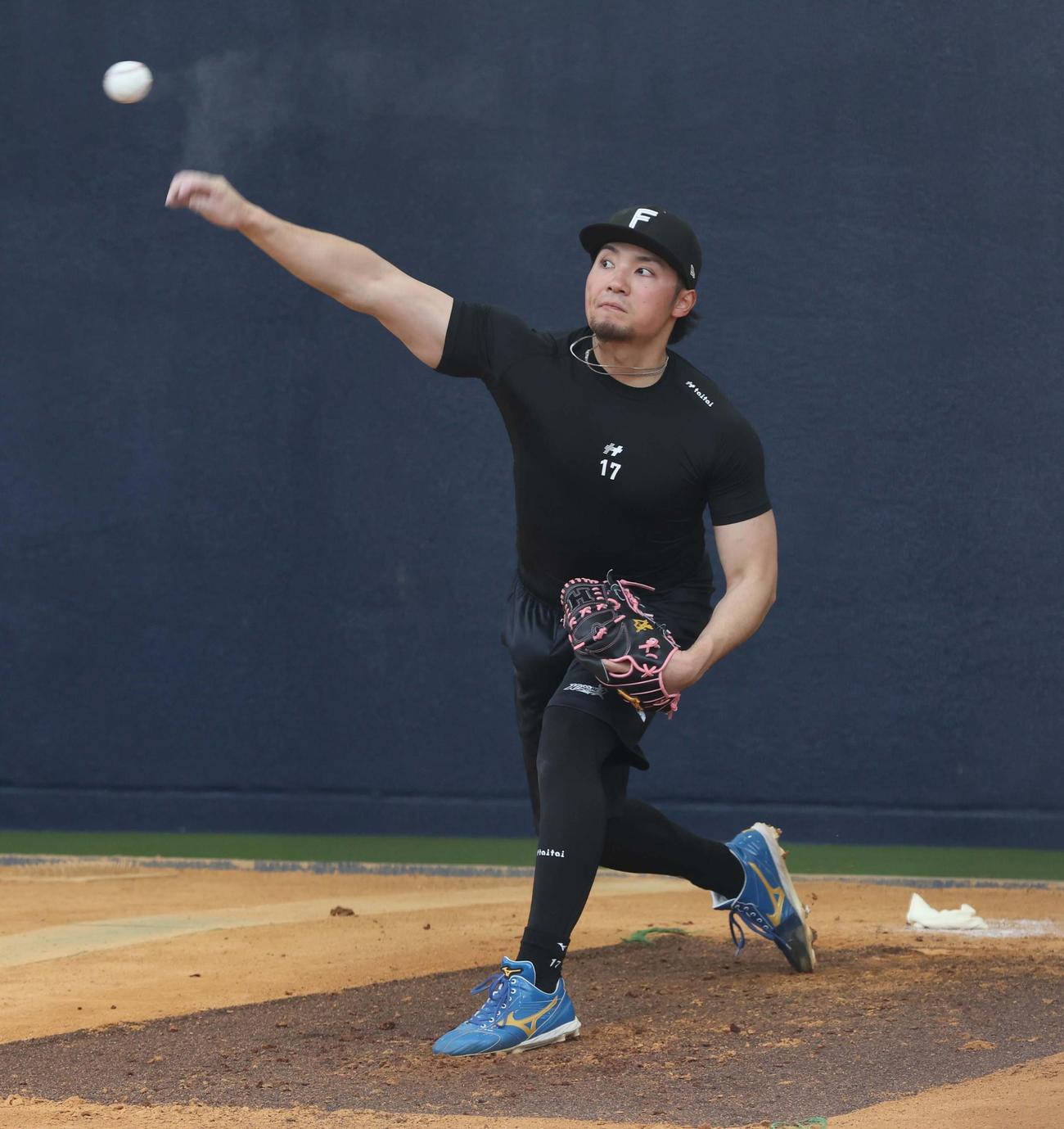 ブルペンで投球する日本ハム伊藤（撮影・黒川智章）