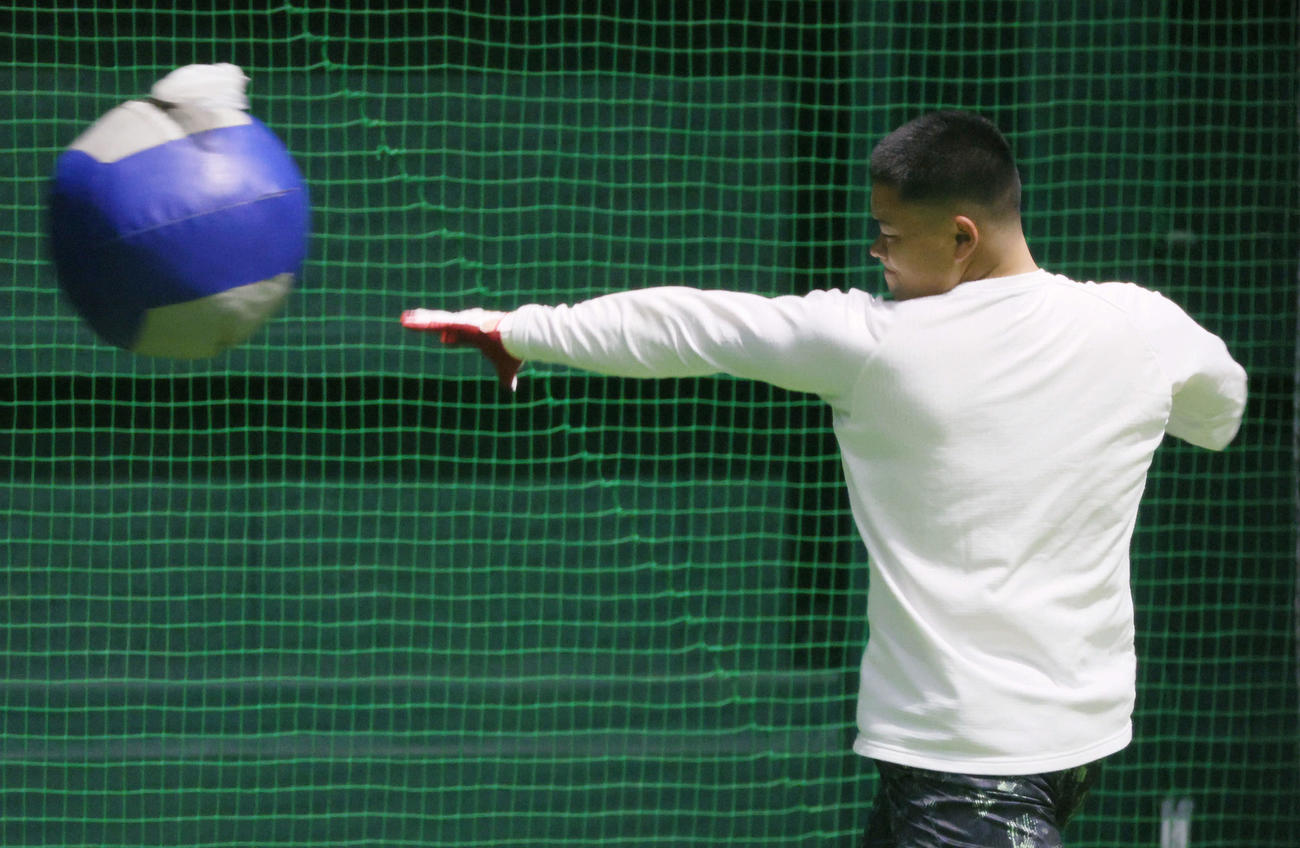 合同自主トレで、メディシンボールを使って練習する広島林（撮影・加藤孝規）