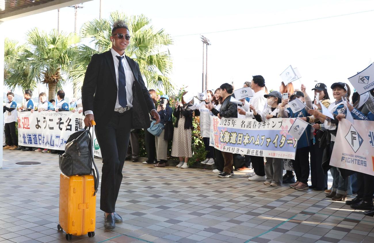キャンプ地、名護市の宿舎に到着し地元市民らに歓迎される日本ハム水谷（撮影・黒川智章）