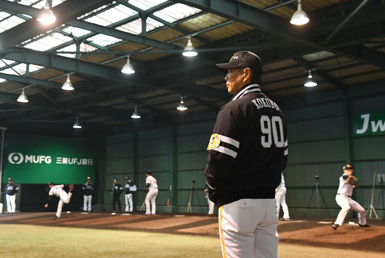 ブルペンで投手陣の投球を見つめるソフトバンク小久保監督（撮影・岩下翔太）