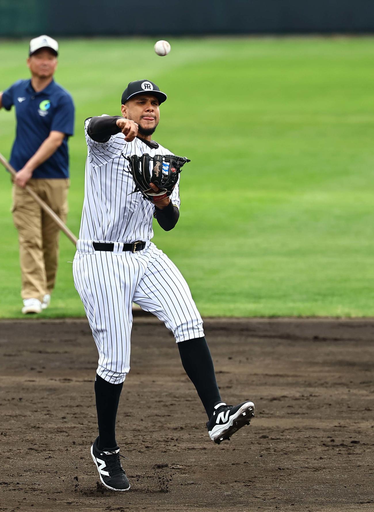 内野ノックを受けるヘルナンデス（撮影・上田博志）