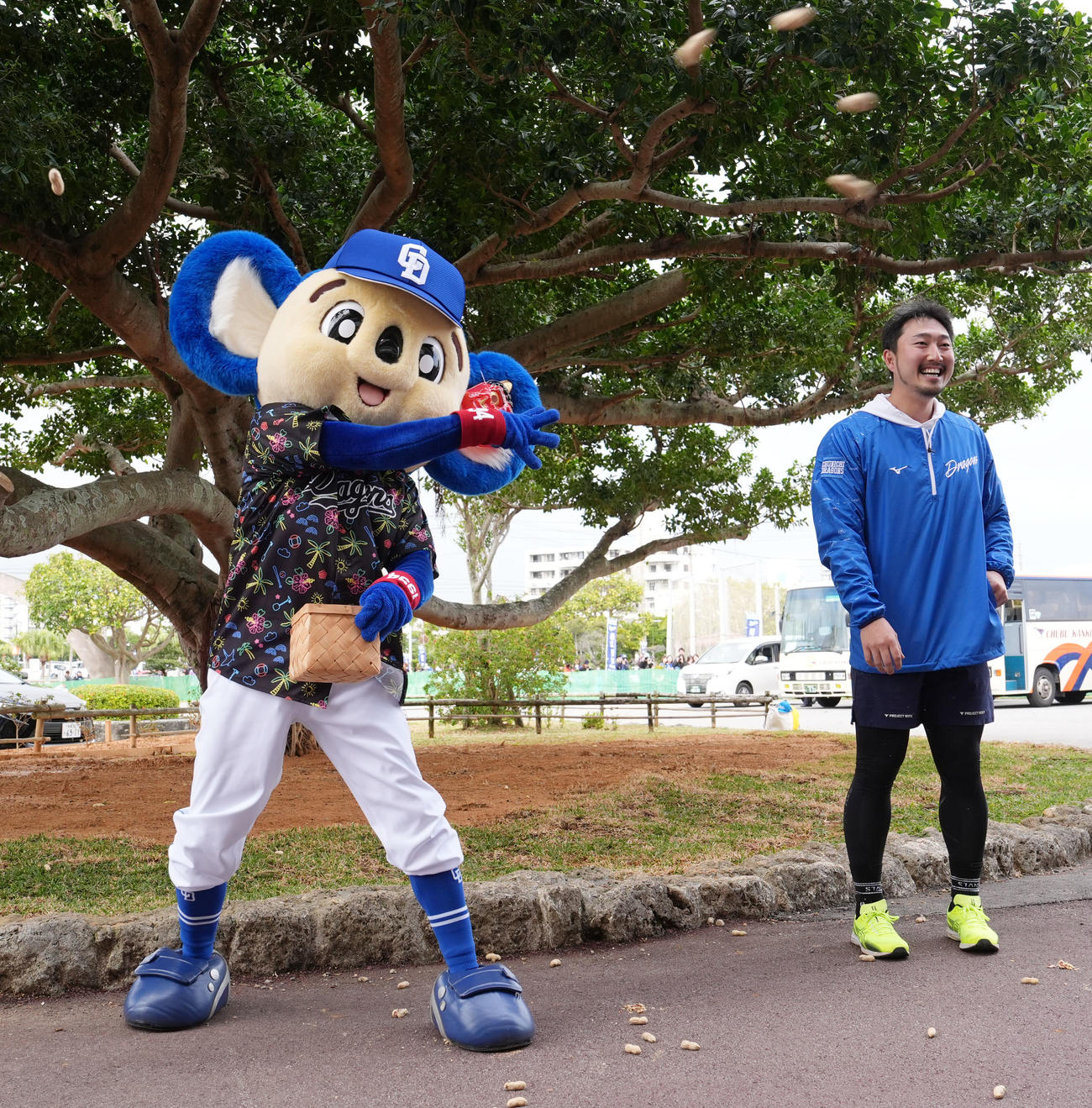 最後は報道陣に豆をまくお約束をするドアラに笑顔の藤嶋（右）（撮影・森本幸一）