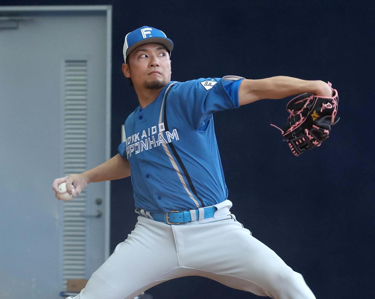 ブルペンで投球する日本ハム伊藤（撮影・黒川智章）