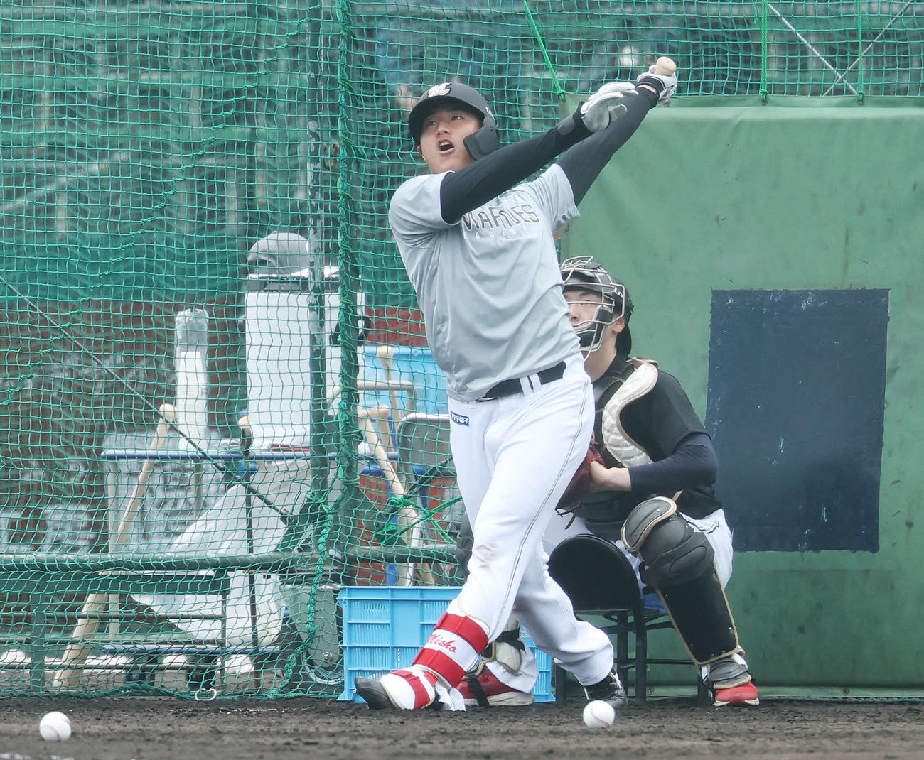 フリー打撃するロッテ西川（撮影・宮地輝）