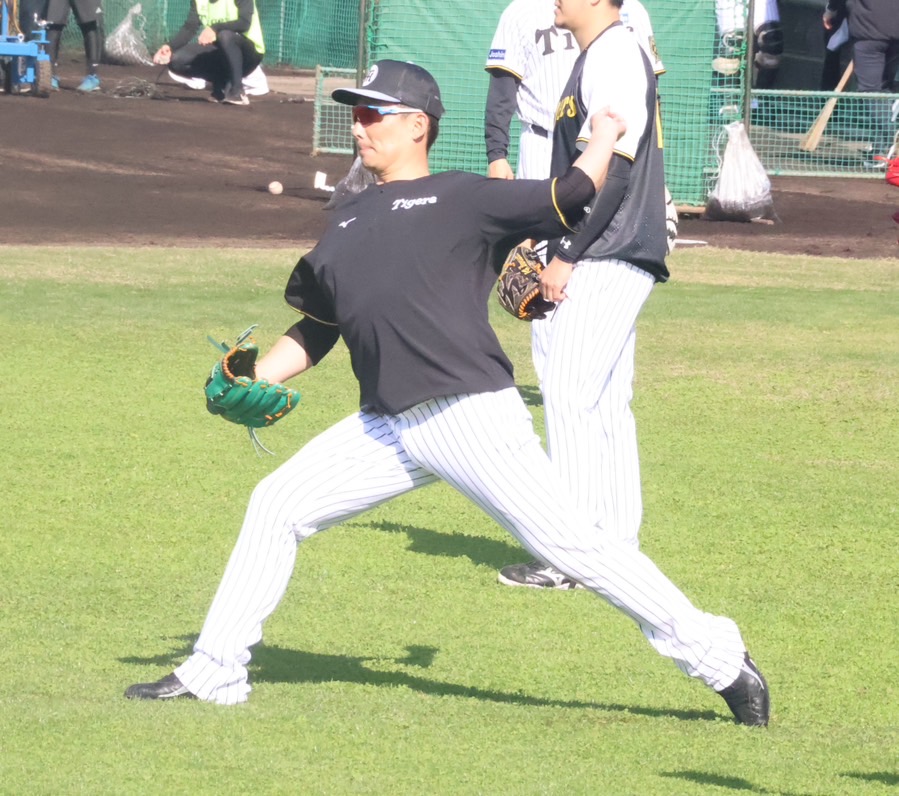 阪神早川とキャッチボールを行う阪神岩崎（撮影・塚本光）