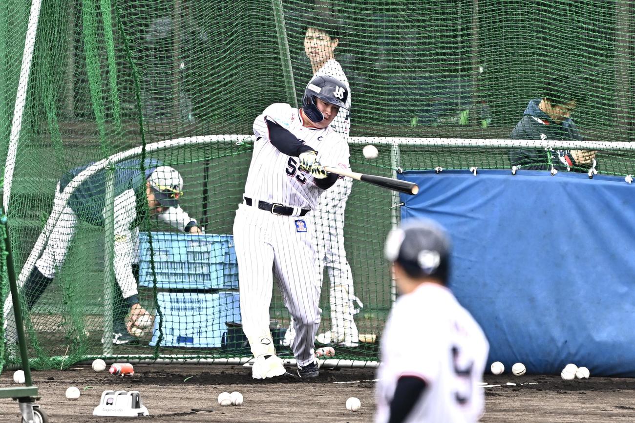 フリー打撃で本塁打を放つヤクルト村上（撮影・滝沢徹郎）