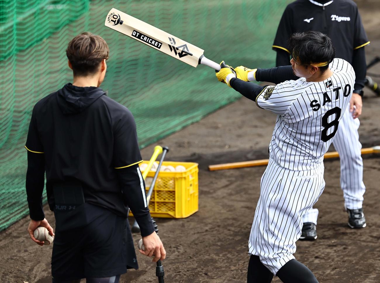 糸井臨時コーチ（左）の指導を受けた佐藤輝はクリケットバットで打撃練習をする（撮影・上田博志）