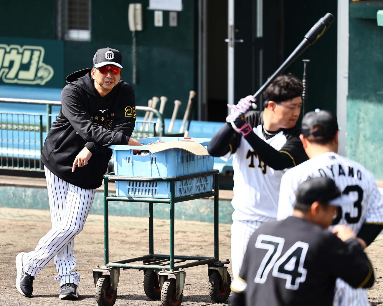 藤川監督（左）は大山の打撃練習を見る（撮影・上田博志）