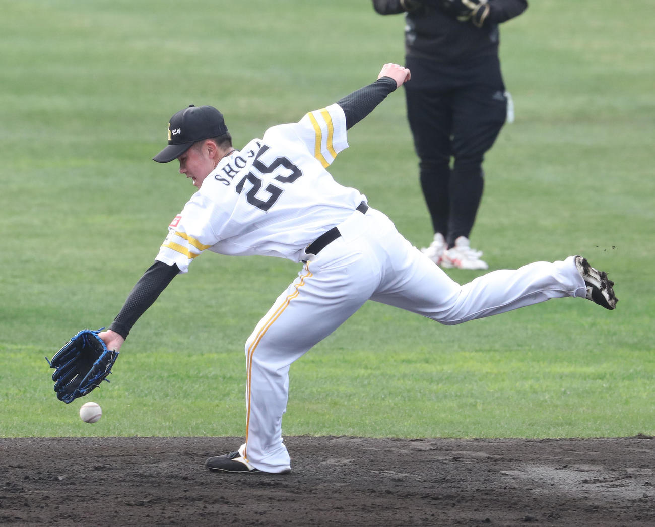 内野ノックで軽快な動きを見せる庄子（撮影・梅根麻紀）