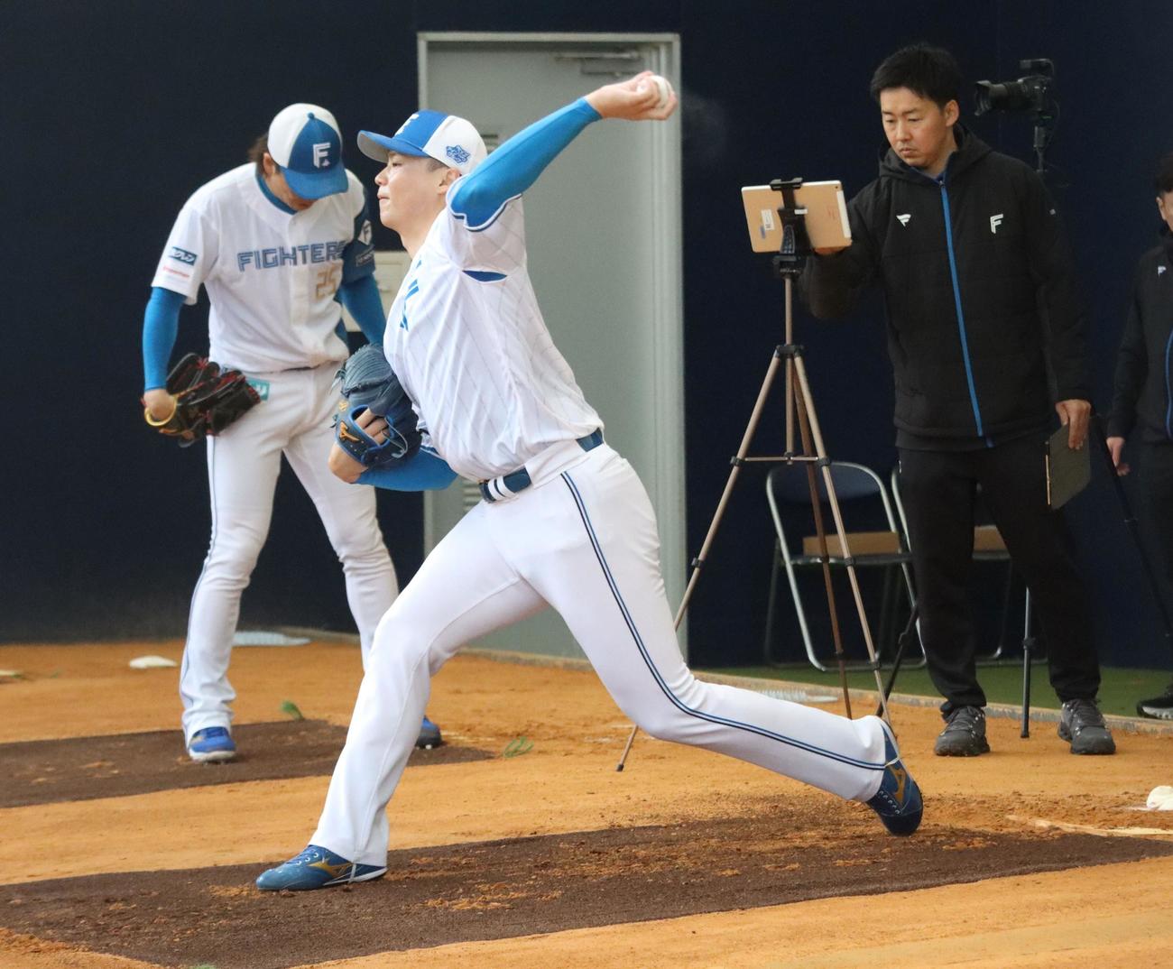ブルペンで投球練習をする日本ハム山崎（撮影・永野高輔）