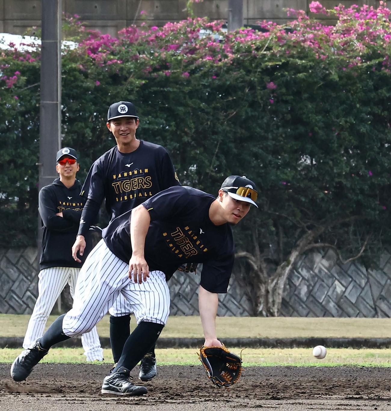 藤川監督（左）のチェックを受けながらノックを受ける佐藤輝（右）と熊谷（撮影・上田博志）