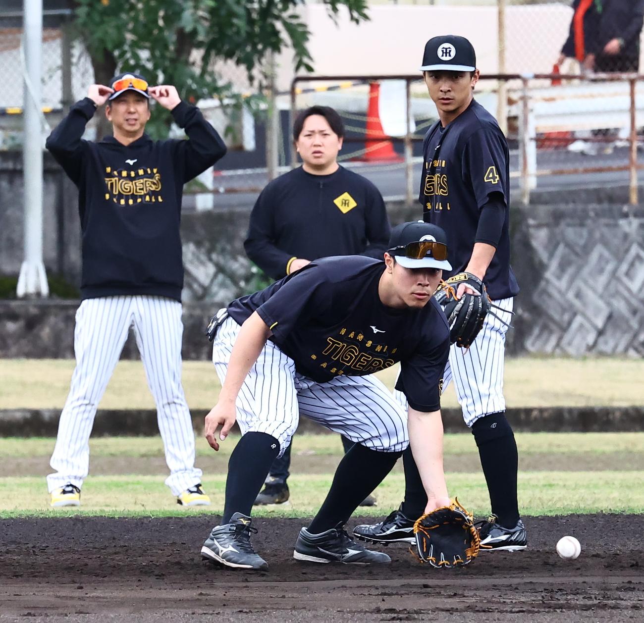 藤川球児監督のチェックを受けながらノックを受ける佐藤輝（中央）と熊谷（撮影・上田博志）