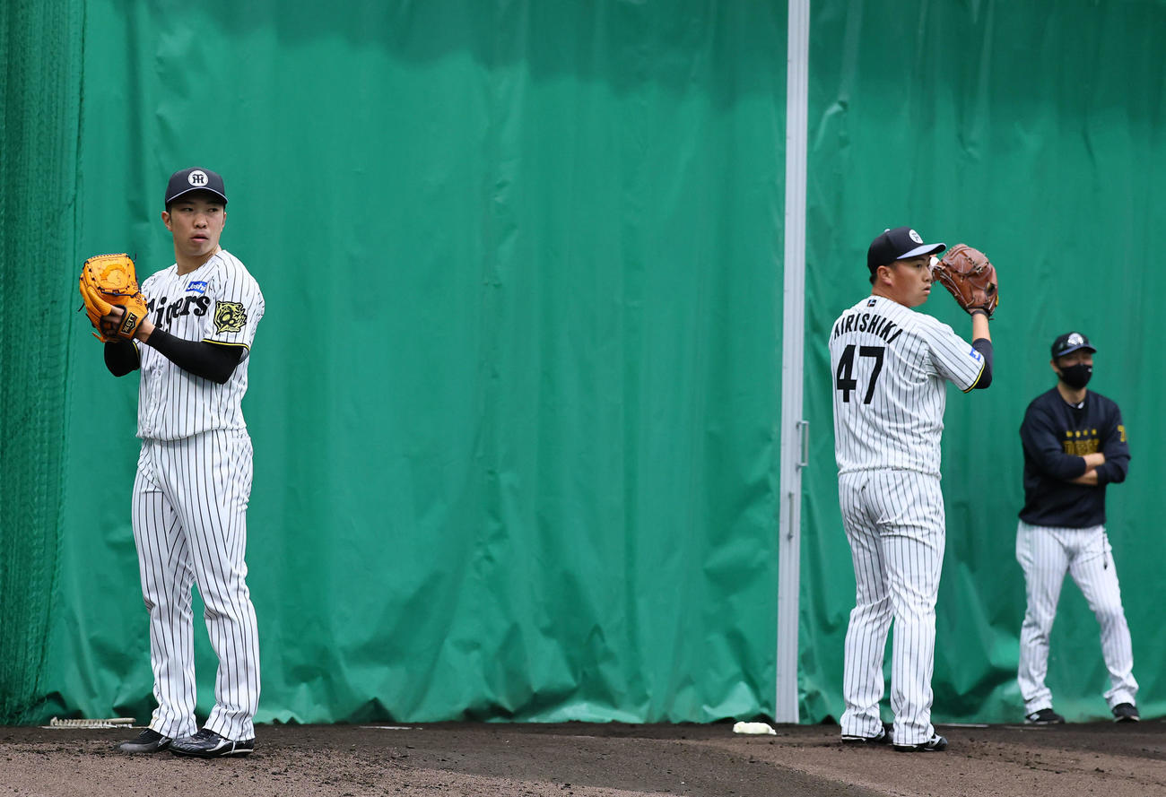 ブルペンで投球練習をする石井（左）と桐敷（撮影・藤尾明華）