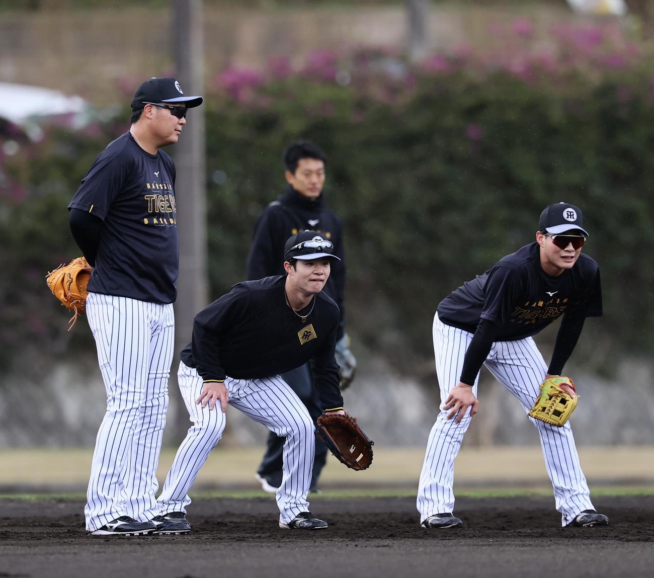 早出で特守をする左から大山、中野、木浪（撮影・藤尾明華）