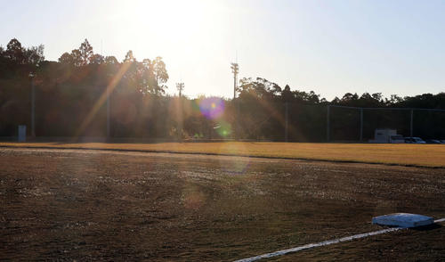 キャンプ4日目、寒波の影響で早朝のサブグラウンドには霜が降り、太陽の日差しで光っていた（撮影・浅見桂子）