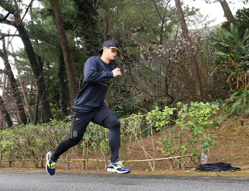 早出で坂道ダッシュする阪神佐藤輝（撮影・藤尾明華）