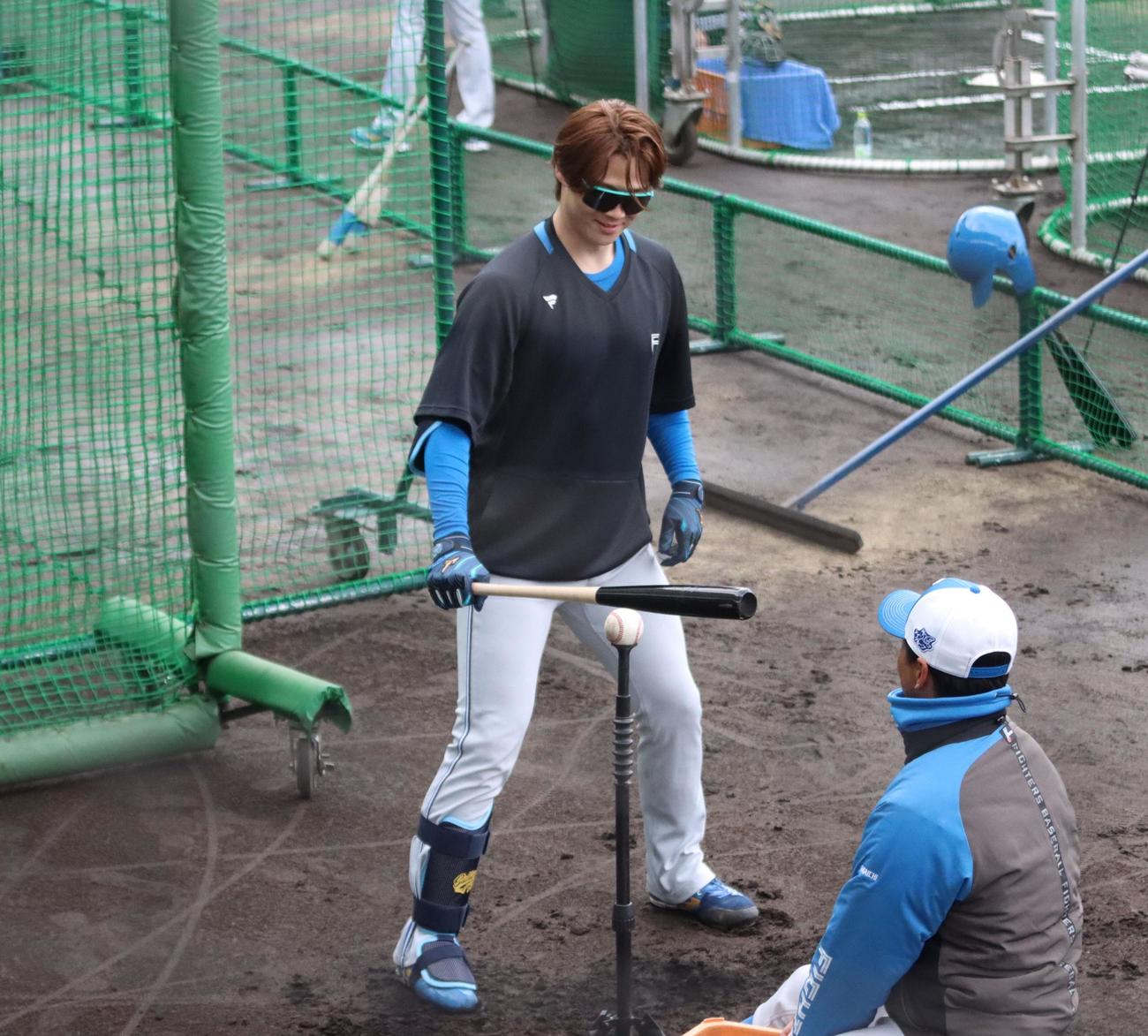 ティー打撃の最中にボールの高さを確認する日本ハム山崎（撮影・永野高輔）