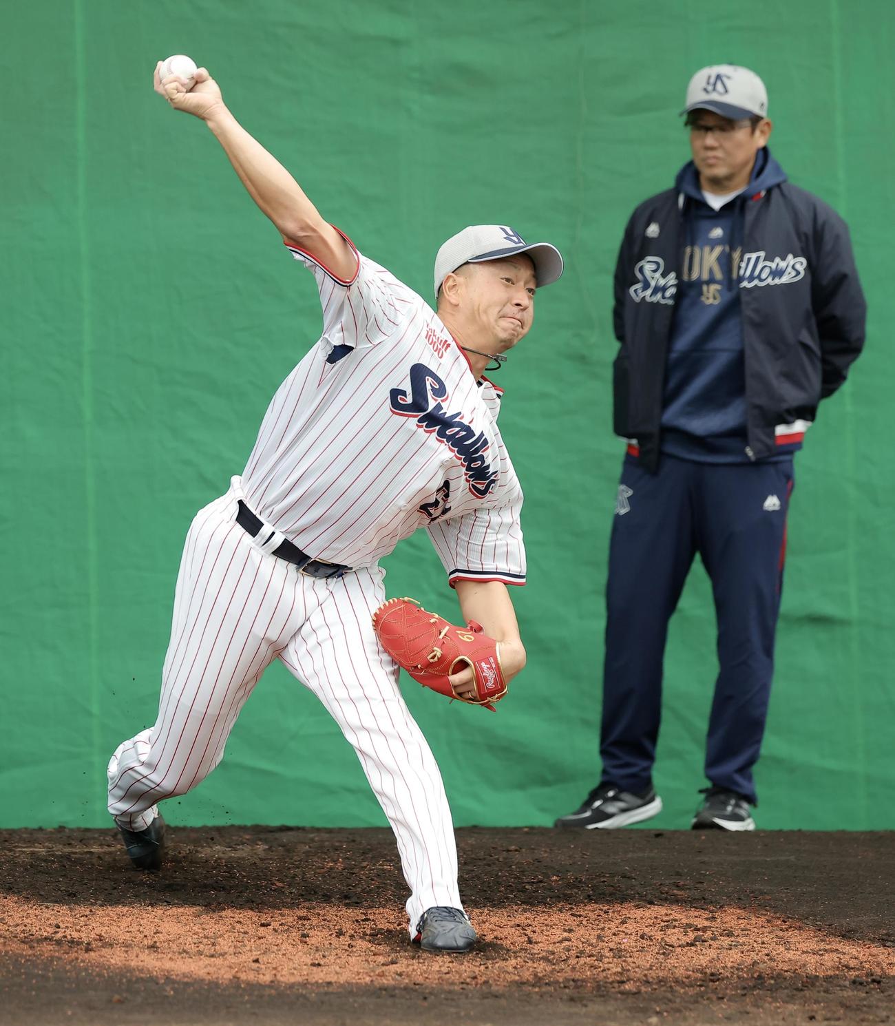 ブルペン投球するヤクルト宮川を見る古田氏（撮影・河田真司）