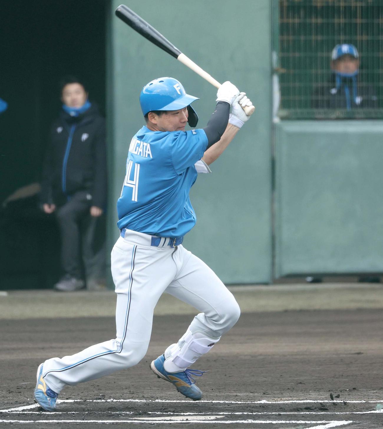 日本ハム紅白戦　1回、二ゴロに終わる山県（撮影・黒川智章）