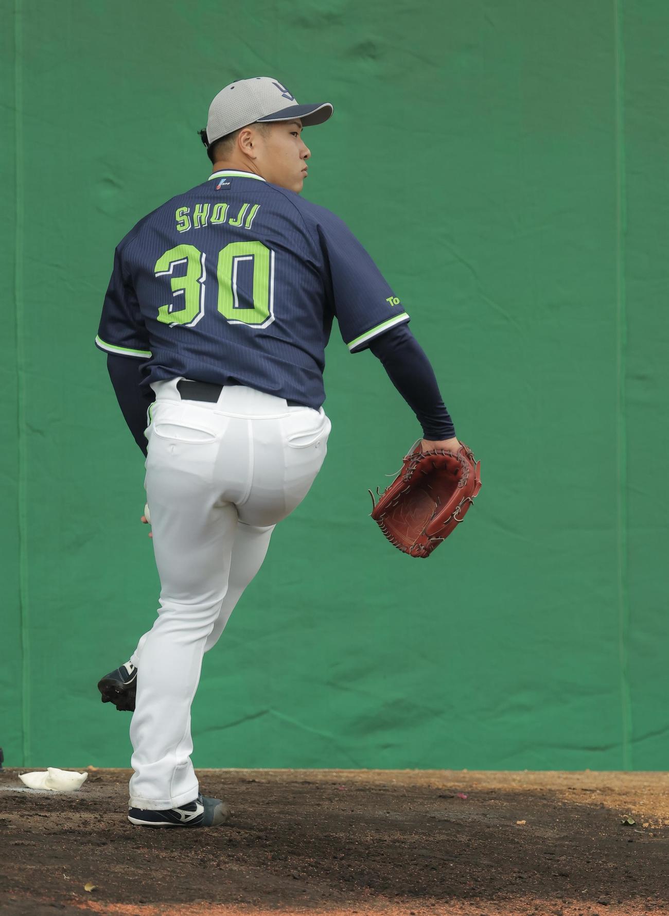 ブルペン投球するヤクルト荘司（撮影・河田真司）