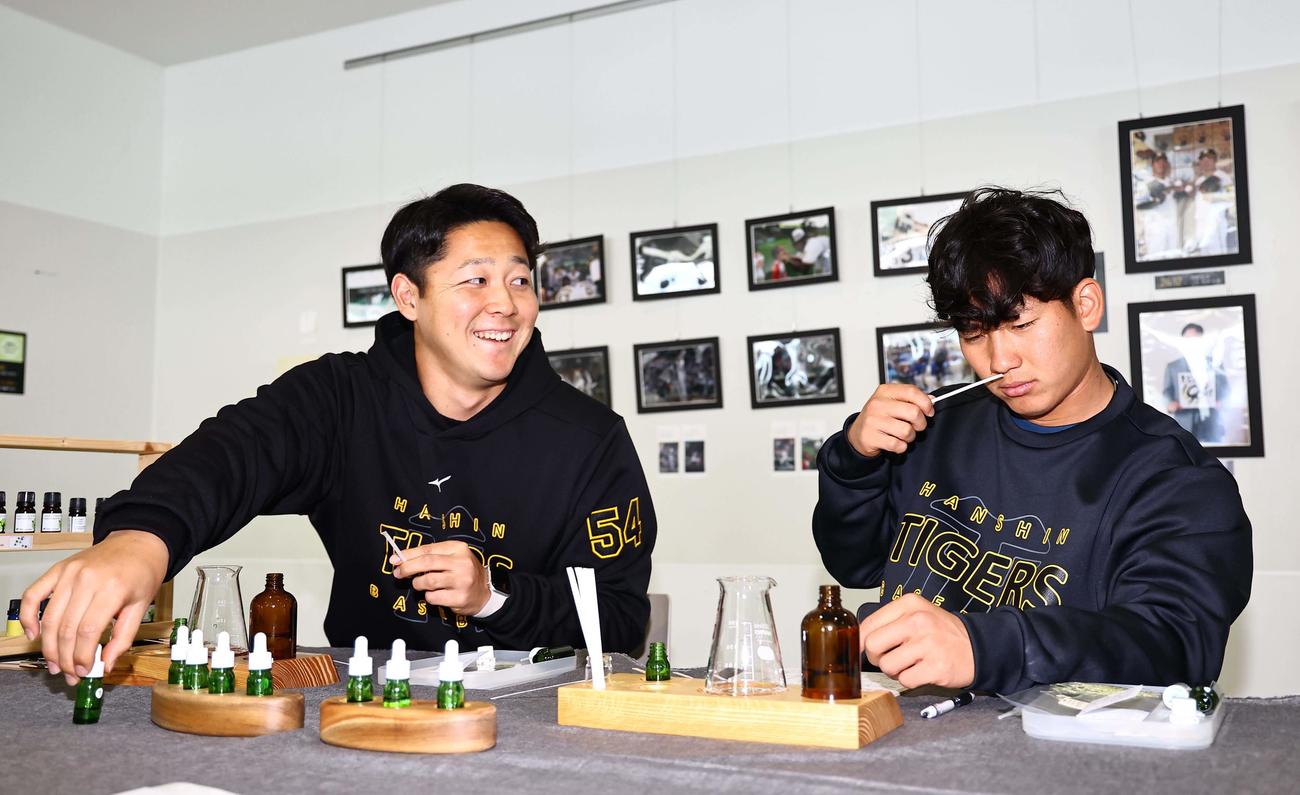 手作りアロマ体験をする阪神伊原（右）と木下（撮影・上田博志）