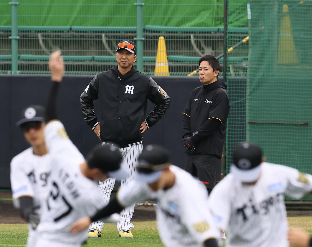 ナインを見る赤星憲広臨時コーチ（右）と藤川監督（撮影・藤尾明華）