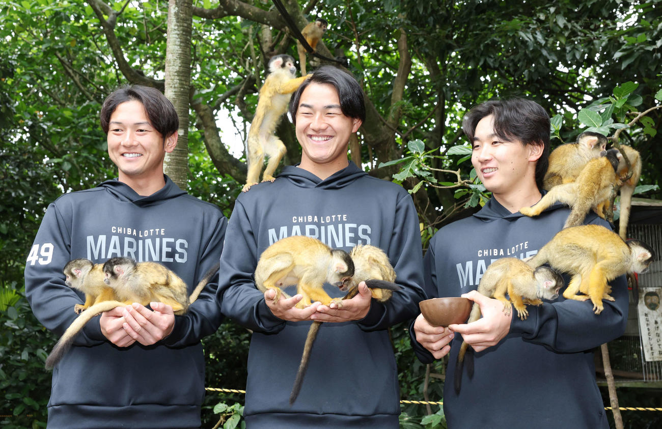 休日に石垣やいま村を訪れリスザルと戯れる、左からロッテ立松、西川、宮崎（撮影・宮地輝）
