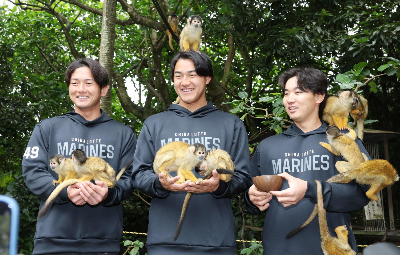 休日に石垣やいま村を訪れリスザルと戯れる、左からロッテ立松、西川、宮崎（撮影・宮地輝）