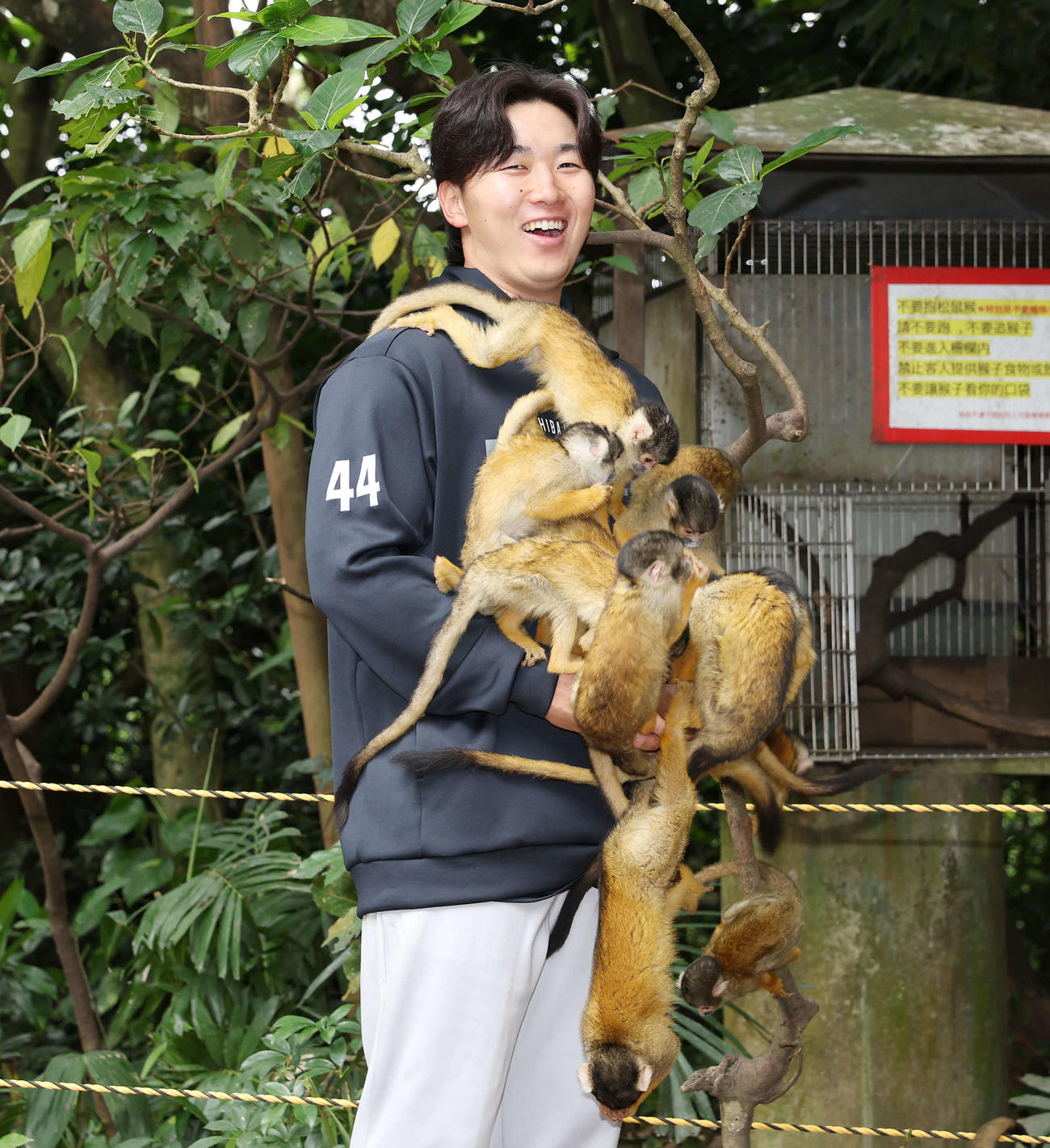 休日に石垣やいま村を訪れリスザルと戯れるロッテ宮崎（撮影・宮地輝）