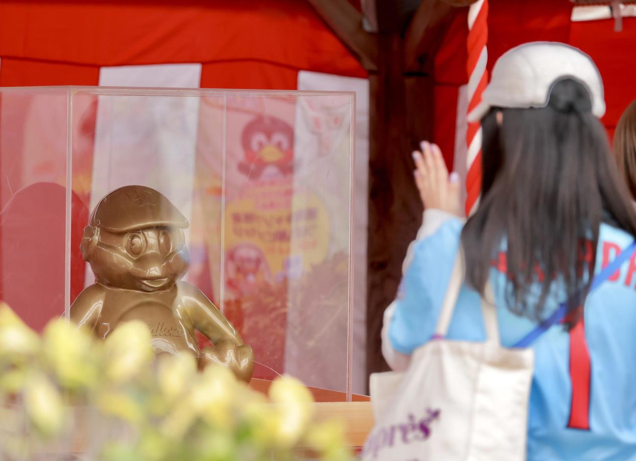 つば九郎神社で参拝するファン（撮影・河田真司）