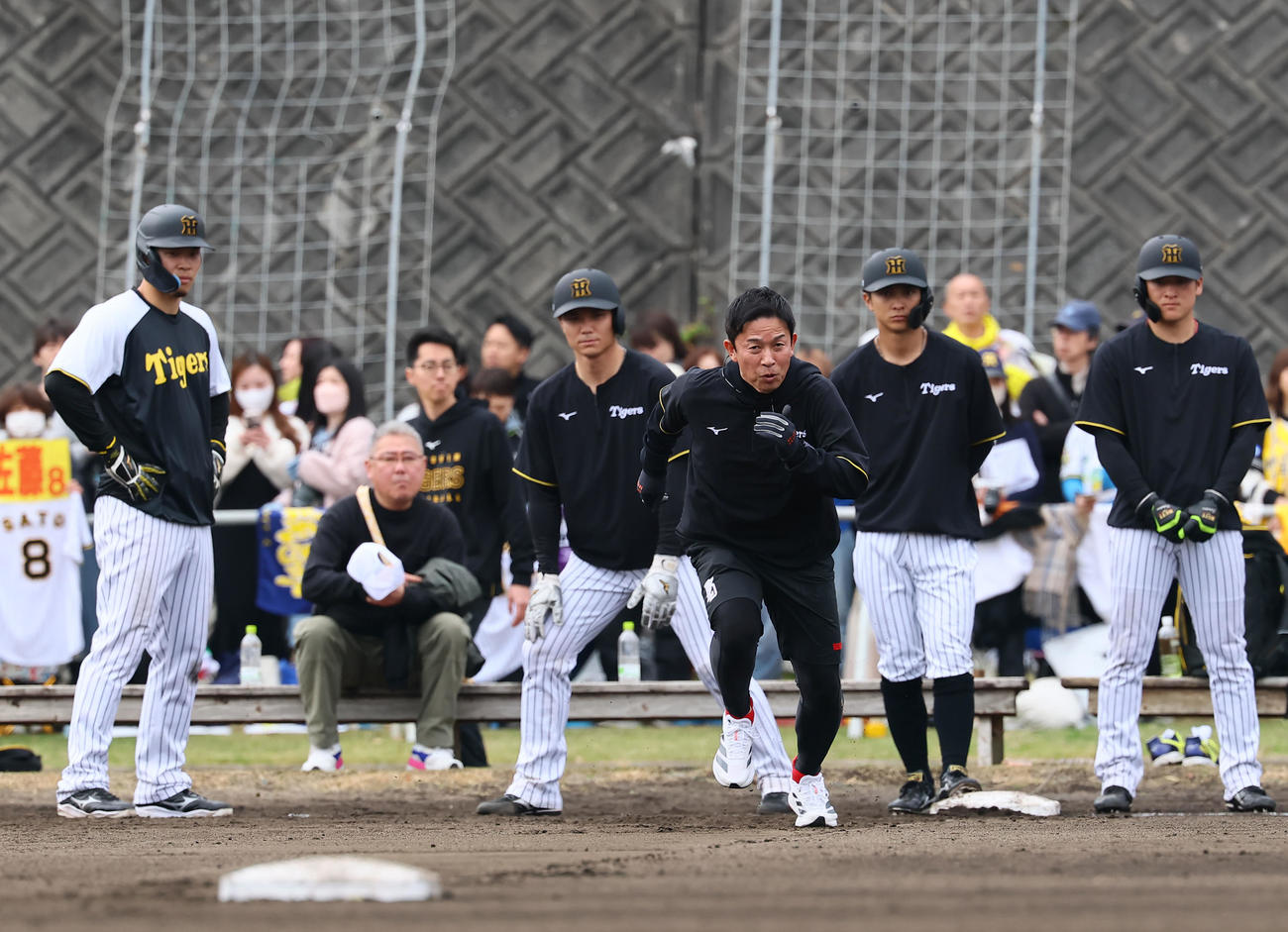 走塁練習で実演する赤星憲広臨時コーチ（右から3人目）（撮影・藤尾明華）
