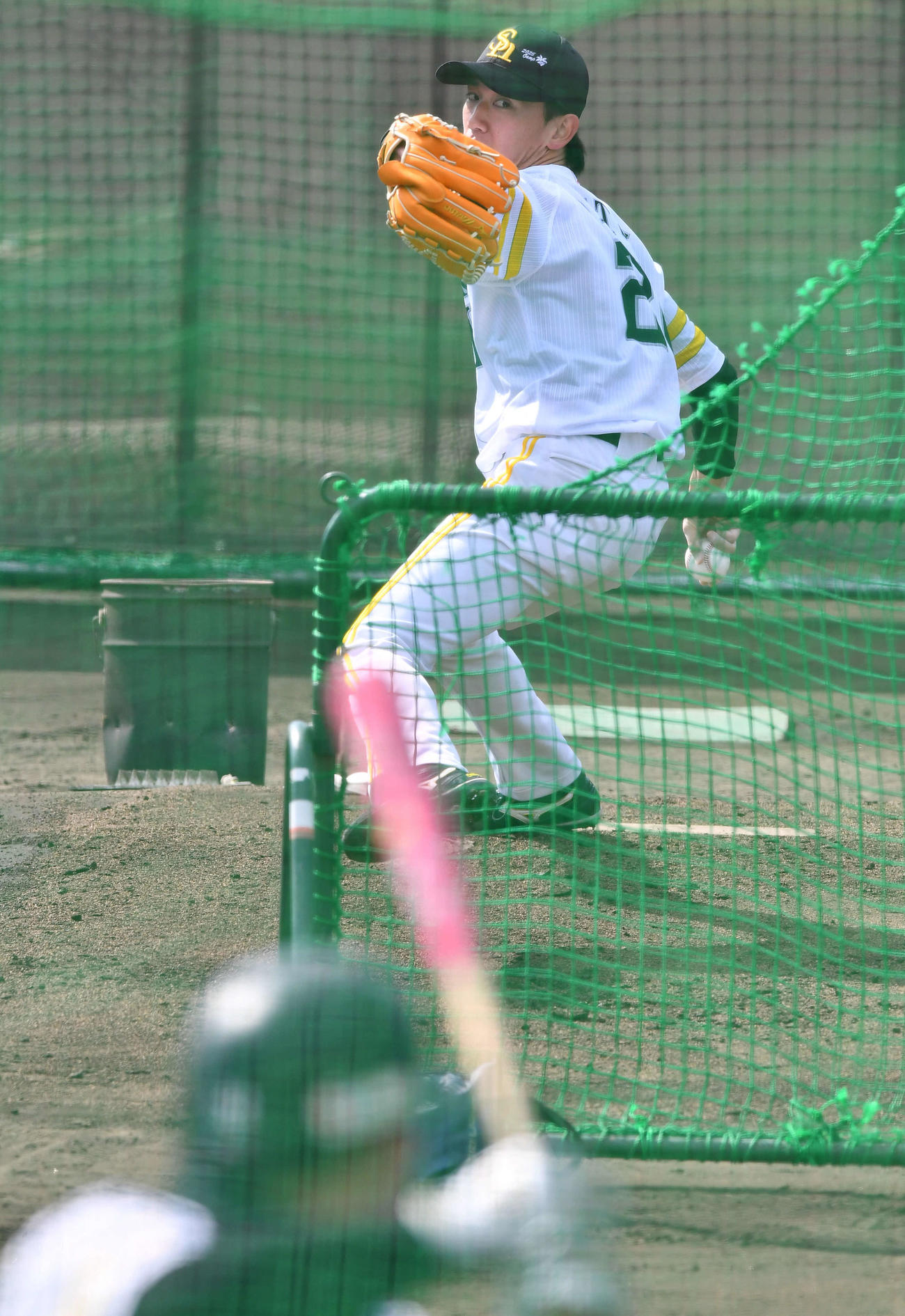 フリー打撃に登板したソフトバンク大津（撮影・岩下翔太）