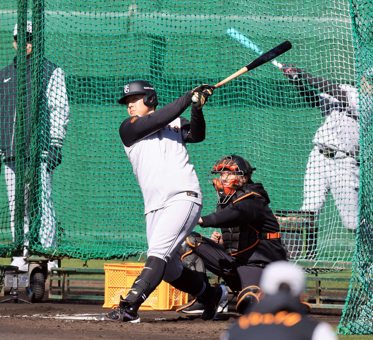 キャンプ5日目、フリー打撃する巨人岡本（撮影・浅見桂子）