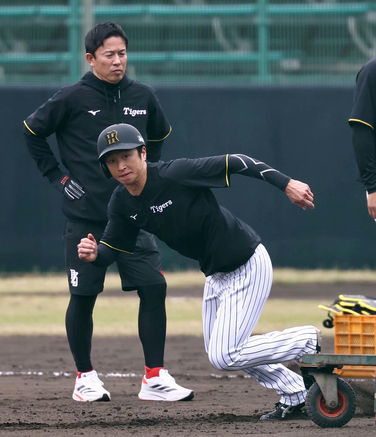走塁練習する近本（右）を見守る赤星氏（撮影・上田博志）