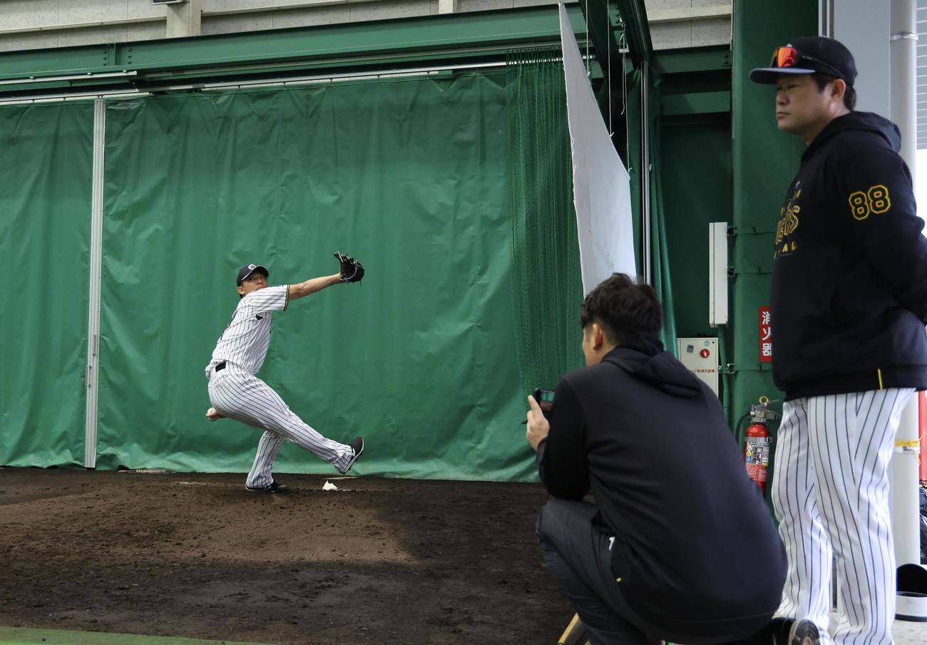 動画を撮影しながら、投球練習する伊藤将（撮影・藤尾明華）