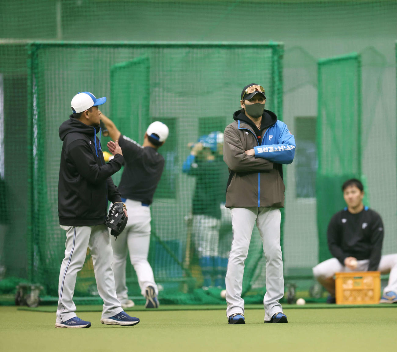 室内練習場で練習を見る日本ハム新庄監督（撮影・黒川智章）