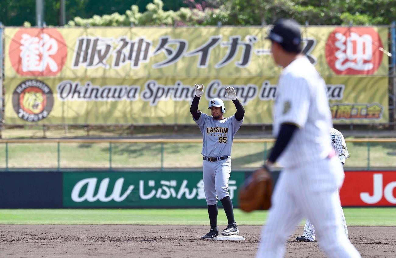 紅白戦　3回表紅組1死一、二塁、適時二塁打を放ったヘルナンデスは「歓迎阪神タイガース」を背に喜ぶ（撮影・上田博志）