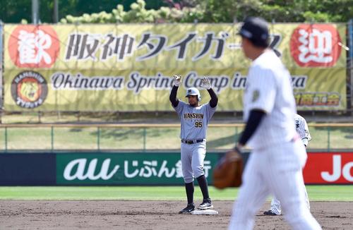 紅白戦　3回表紅組1死一、二塁、適時二塁打を放ったヘルナンデスは「歓迎阪神タイガース」を背に喜ぶ（撮影・上田博志）