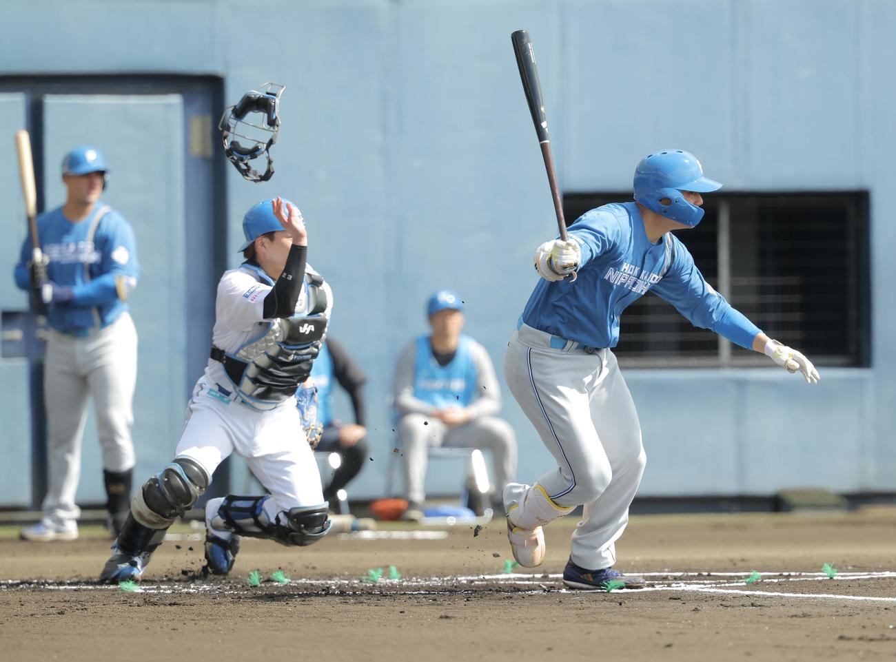 紅白戦　1回表紅組1死三塁、遊ゴロを放つ日本ハム清宮幸（撮影・河田真司）