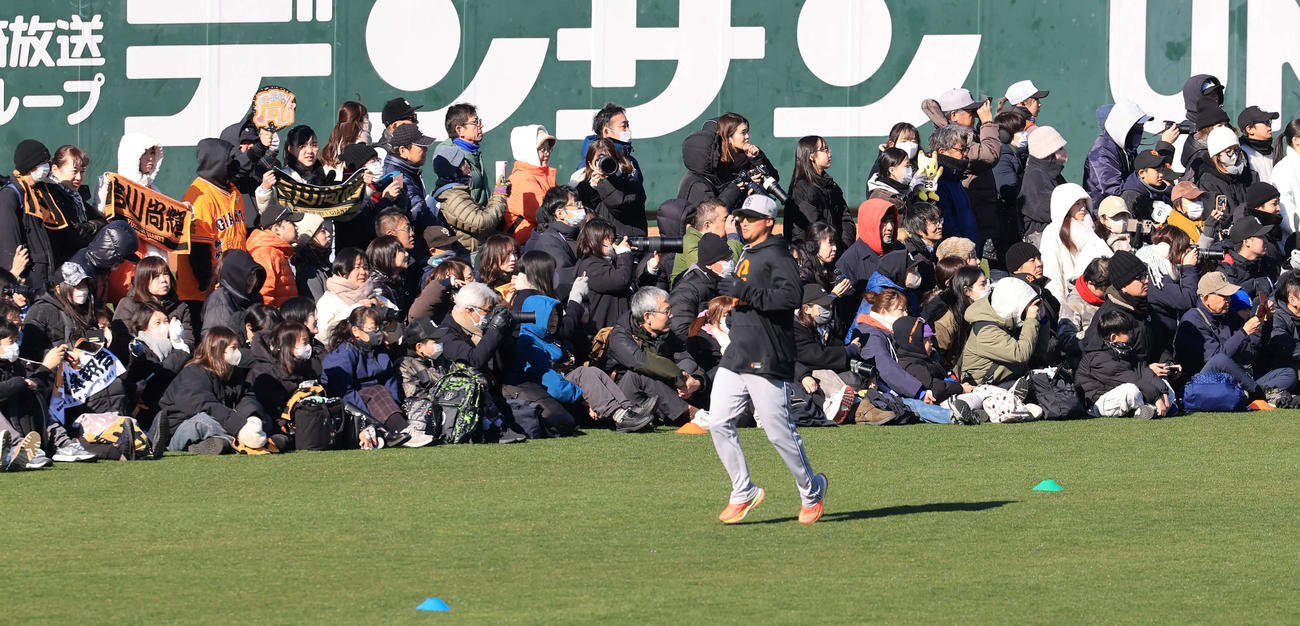 キャンプ7日目、ファンが見つめる中、走る巨人吉川（撮影・浅見桂子）